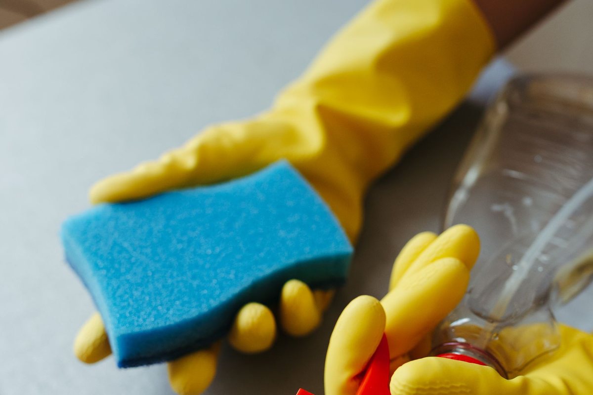 Gloved hands holding a sponge and a spray bottle