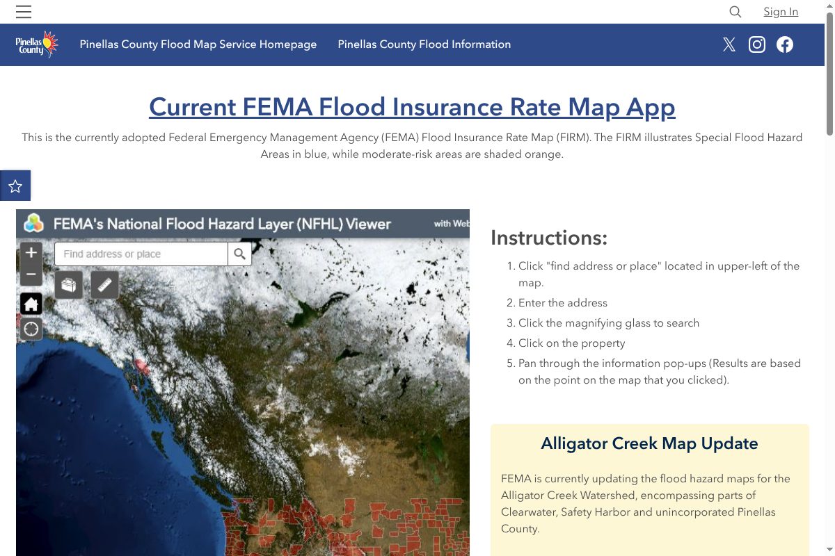 Pinellas County's Current FEMA Flood Insurance Rate Map App page, with a Find address or place box and numbered instructions