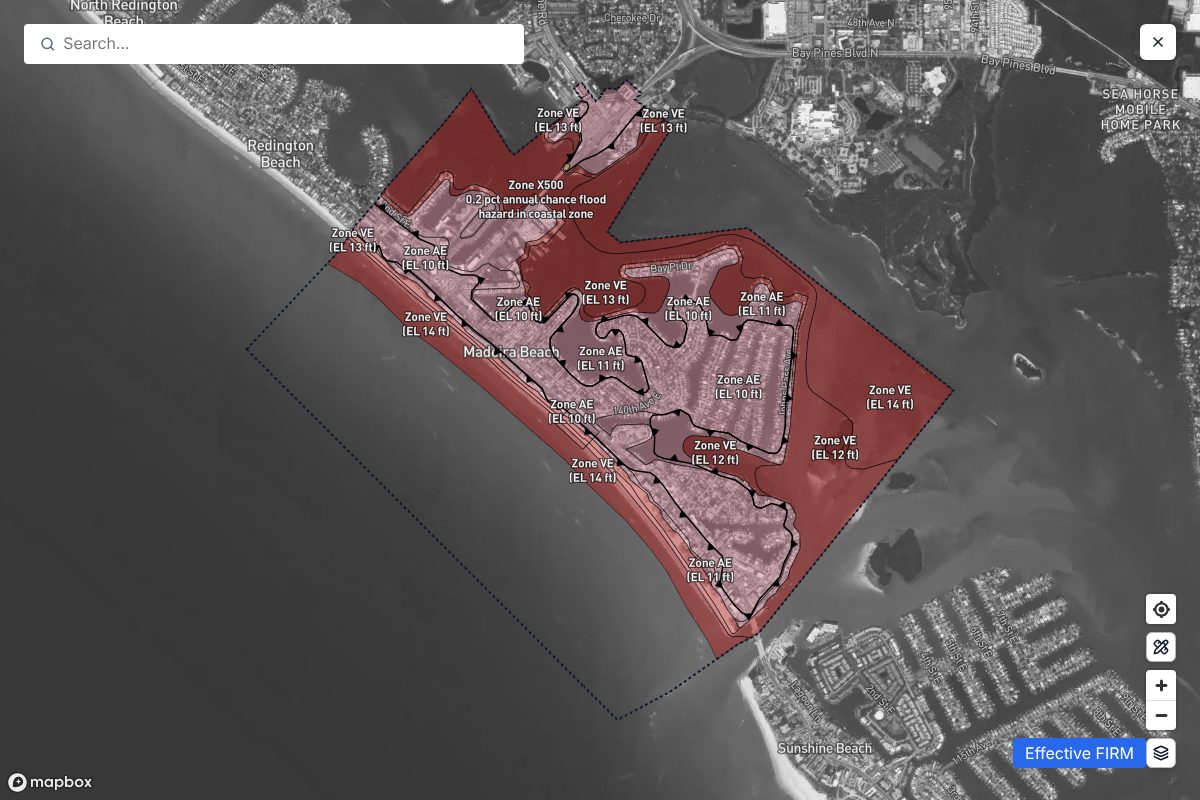 Madeira Beach Forerunner flood map with Zone VE and Zone AE areas labeled with elevations