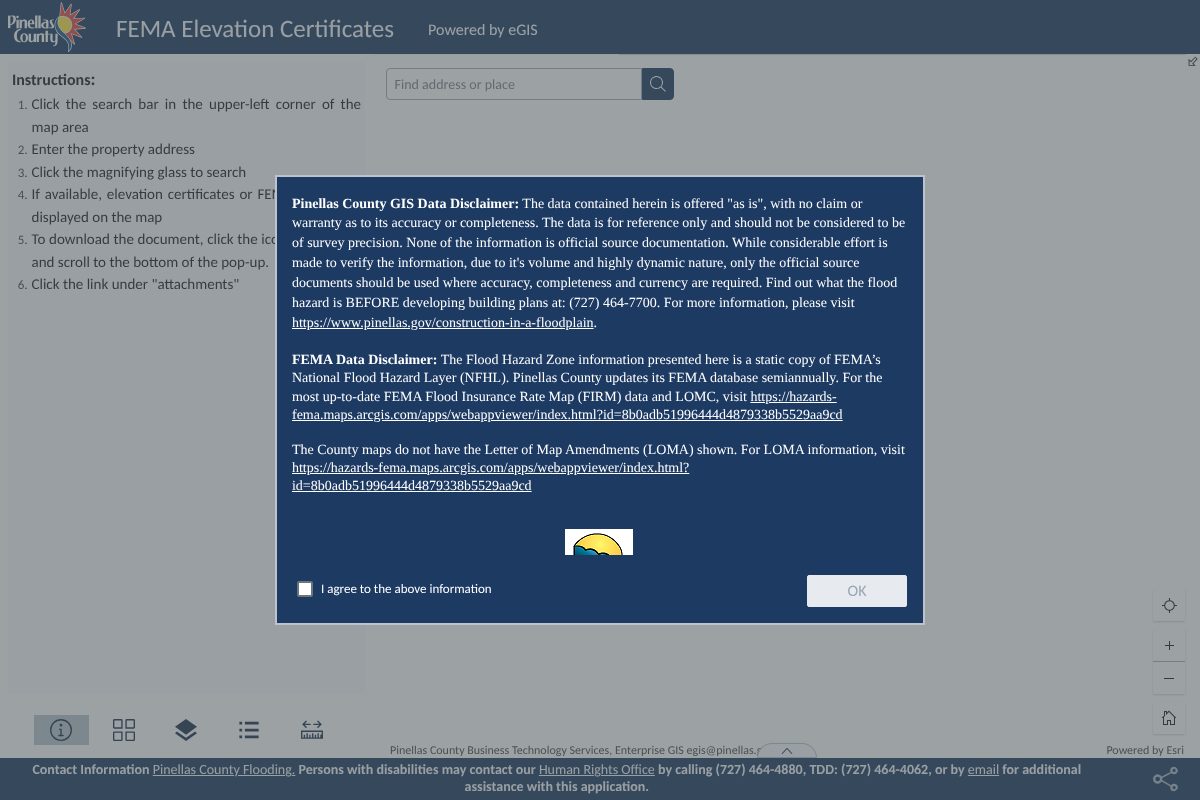 Pinellas County FEMA Elevation Certificates map app with instructions and a disclaimer box with an I agree checkbox and OK button