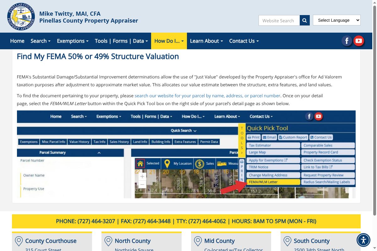Property Appraiser page showing the Quick Pick Tool box with an arrow pointing to the FEMA/WLM Letter button