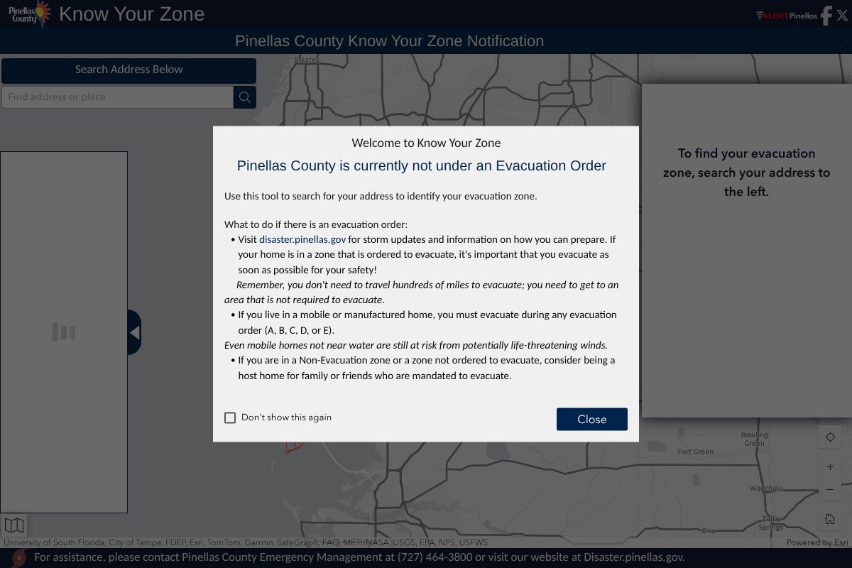 Pinellas County Know Your Zone app with its welcome box and a Find address or place search box