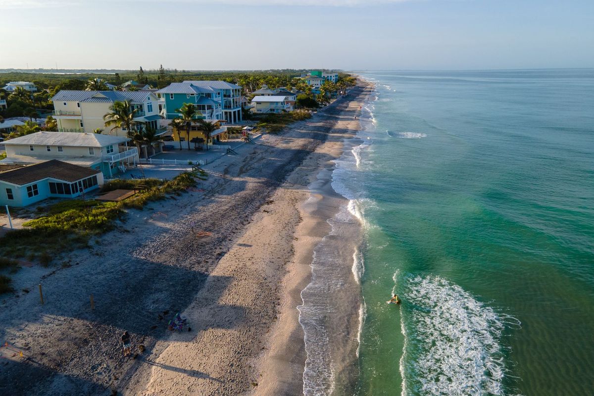 Aerial view of beachfront homes along the Gulf coast